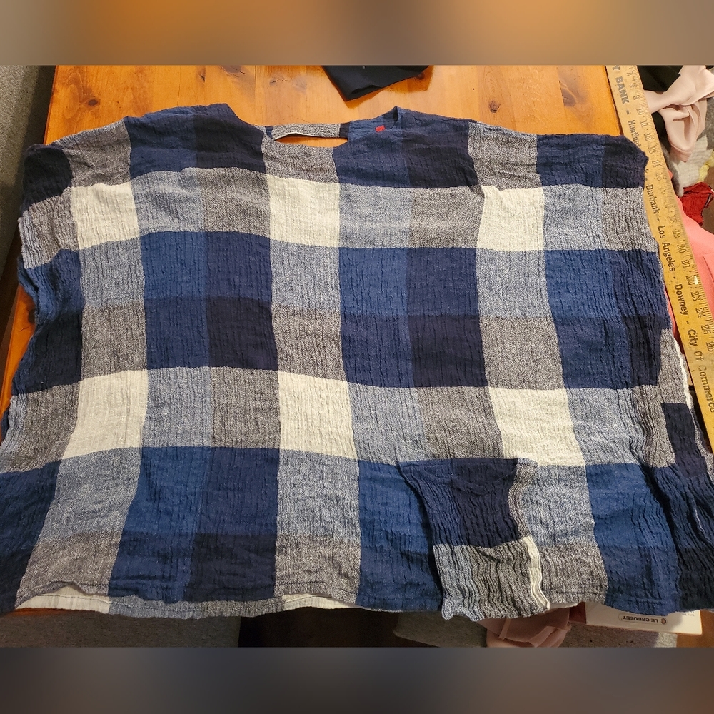 IC by Connie K Linen Blue Plaid Crinkle Linen Top Lagenlook Blouse Size Large - Picture 9 of 11